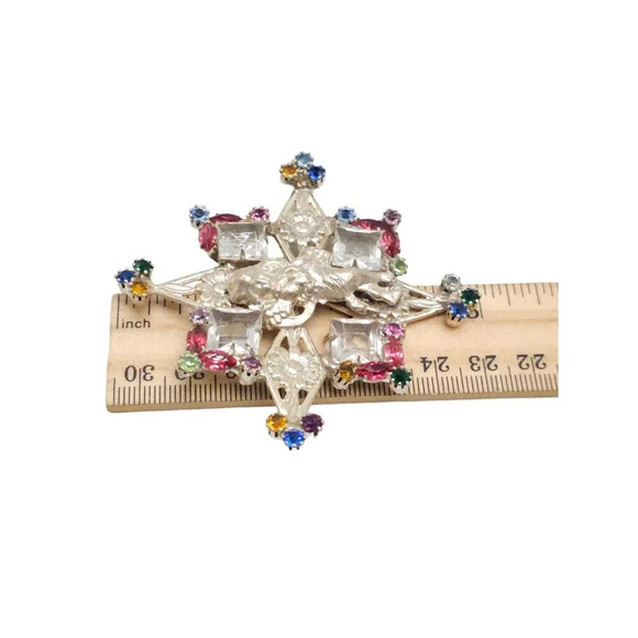 Multi-color Rhinestones Cherub Cross Brooch Pin Silver Tone Retro Style - Picture 4 of 4